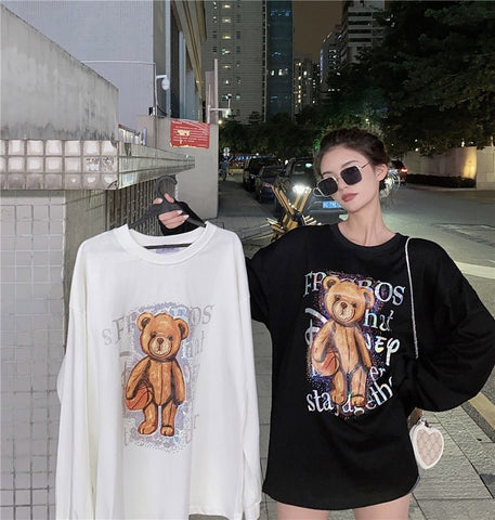 2023 Fashion Women Sweatshirts Oversized Couple Sequins Bear Pullover Cotton Soft Casual Loose T Shirt Korean Harajuku Thin Tops