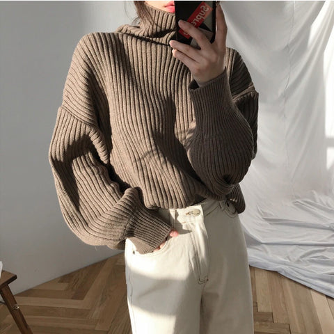 Sonicelife Oversized Cotton Knit Turtleneck Women Sweater Vintage Solid Cashmere Soft Loose Warm Thick Pullover Elastic Jumper Full Sleeve