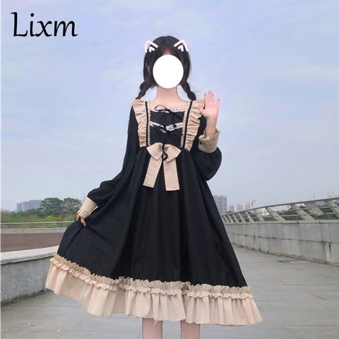 Sonicelife Harajuku Lolita dress daily Palace Bow-knot sweet cute retro lotus leaf bow Vestidos Noble Sweet Gothic Party Robe Renaissance