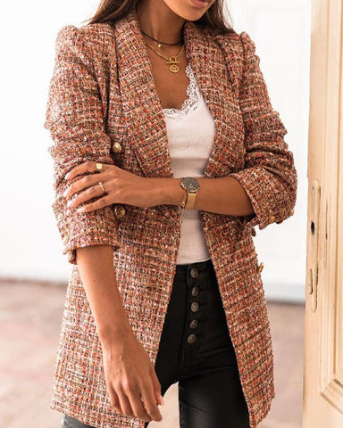 2023 Spring Autumn Women Officewear OL Turn-down Collar Tweed Colorblock Button Design Blazer Coat Casual Chic