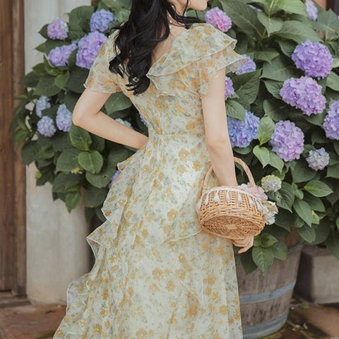 Sonicelife French Vintage Fairy Dress Women Ruffle Irregular Designer Long Floral Dress  Summer Elegant Korean Holiday Victorian Dress