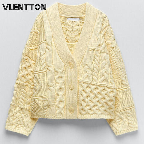 New Spring Autumn Women Yellow V Neck Knitted Casual Long Sleeve Cropped Cardigan Female Button Down Cable Sweater