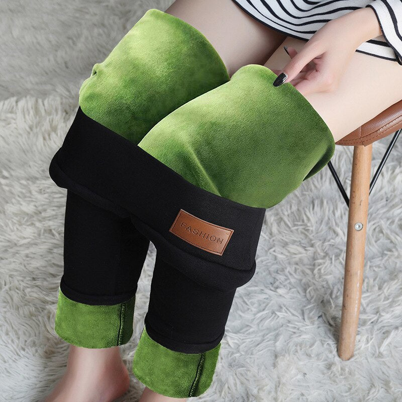 Winter Green Velvet Leggings Women High Waist Stretch Thick Warm Cashmere Pencil Pants Slim Cotton Female Legging Pants