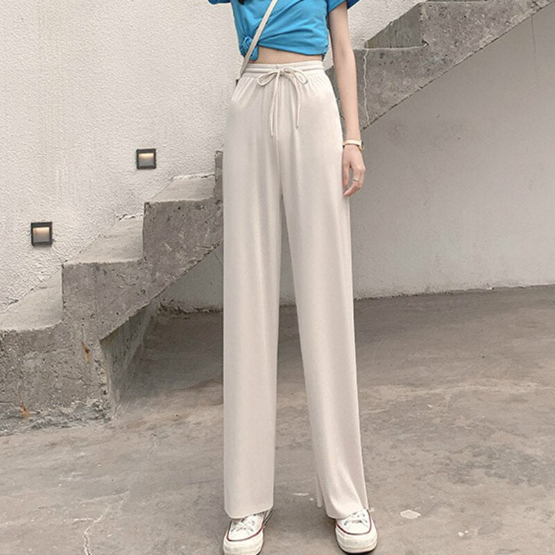 Sonicelife High Waist Soft Comfort Women Pants 2024 New Casual Summer Slacks Pants Women Ice Silk Full Length Long Trousers Female Slacks