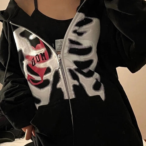 Sonicelife  Y2K Rhinestone Skeleton Sweatshirt Women Grunge Goth Hoodie Winter Harajuku Long Sleeve Zip Up Streetwear Oversized Jacket New