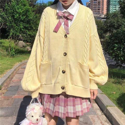 Sonicelife  Japanese College Uniform Sweater Woman Kawaii Sweter Harajuku Knit Cardigan Student Korean Loose All-Match Jackets Oversized Top