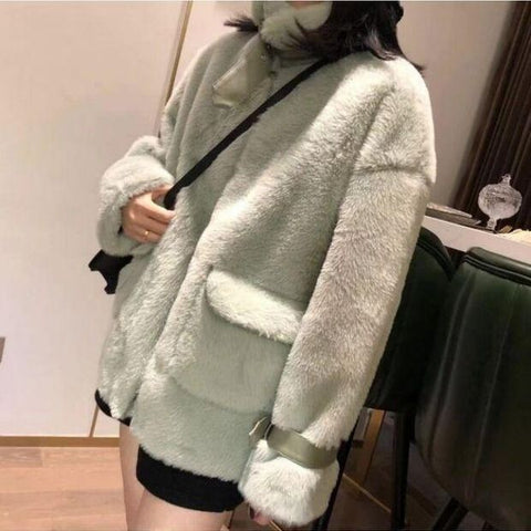 Sonicelife Women's winter Faux Fur Coat White Loose Mink Fur Trench Jacket women 2024 Korean Zipper Plush Thick Rabbit imitation fur Coat