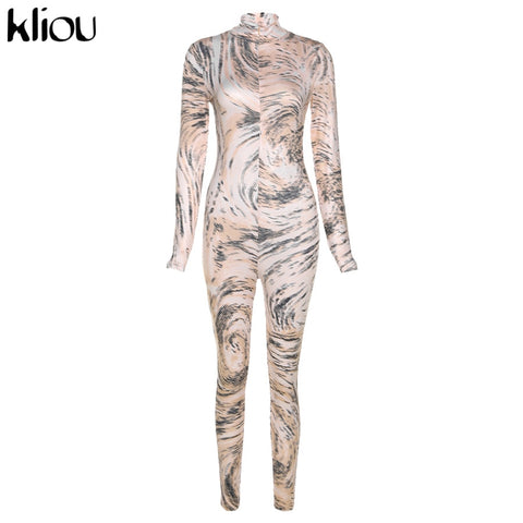 Kliou Aesthetic Printed Stretchy Bodycon Jumpsuit Women Fashion Sporty Casual Streetwear Zipper Skinny  Hipster Clothing