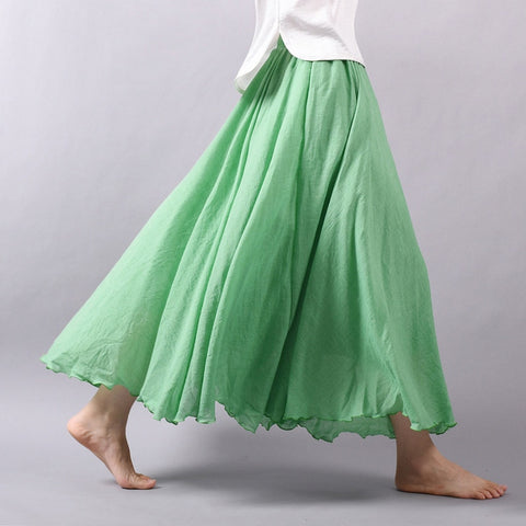 Sonicelife- 2024  Women Linen Cotton Long Skirts Elastic Waist Pleated Maxi Skirts Beach Boho Vintage Summer Skirts Faldas Saia