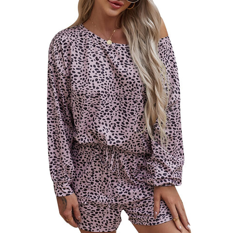 Sonicelife Sale Women Leopard Print T-shirt Shorts Set 2 Pcs Lounge Wear Leopard Print Pajamas Long Sleeve Top Drawstring Homewear Suit D30