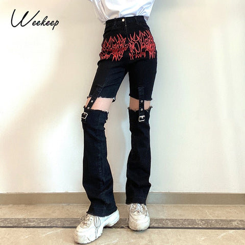 Sonicelife Weekeep Gothic Print Cut Out Blcak Jeans Women High Waist Denim Long Pants Summer Vintage 90S Harajuku Streetwear Punk Trousers