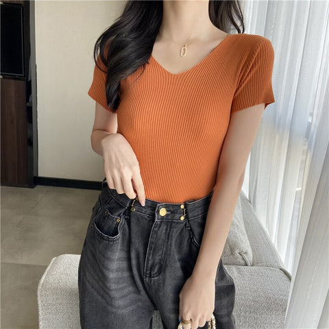Sonicelife Christmas Gift AOSSVIAO Summer Short Sleeve Korean Style Sweater V-Neck Knitted Pullover Women Sweaters Basic Thin Tops Pull Femme Jumper 2024