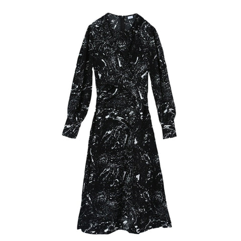 Sonicelife 2023 Long Dress for Women O Neck Long Sleeve Fashion Print Chic Belt zipper Loose Midi Dress Vestidos
