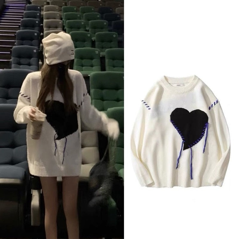 Sonicelife  Korean Style Heart Print Knitted Sweater Women Harajuku Oversize Crewneck Long Sleeve Jumper Casual Pullover Winter Top