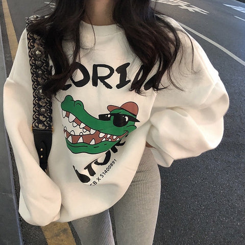 Sonicelife Oversized Print O Neck Hoodie Women Sweetshirts Plus Size Streetwear Top Full Sleeves Clothes Korean Fashion Harajuku Sweatshirt