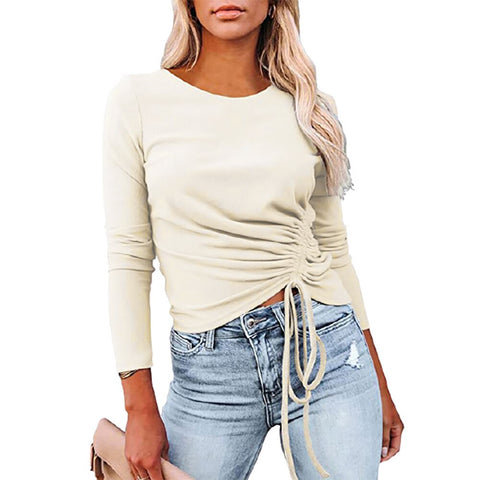 Sonicelife Office Lady Elegant Side Pleated Tops Women Stylish Long Sleeve Solid Color T-Shirt Round Neck Casual Slim Fashion Blouse D30