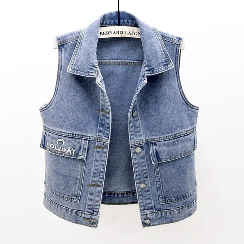 Women's Vest Big Pocket Jean Top Plus Size Spring Summer Waistcoat  Blue Turn-down Collar Loose Denim Sleeveless Jacket Woman