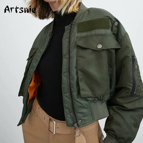 Artsnie Autumn 2023 Bomber Jacket Women Army Green Warm Zipper Pockets Winter Coat Female Jacket Parkas Femme Chaqueta Mujer