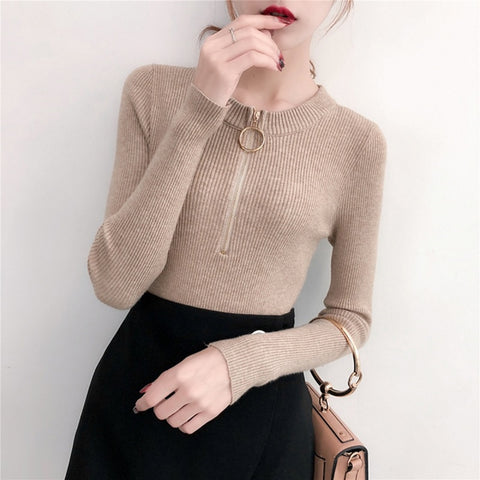 Christmas Gift Zipper Half  O-neck Sweater Women Solid Slim Autumn Winter Clothes 2023 Sueter Mujer Basic Fashion Pullovers warm soft tops