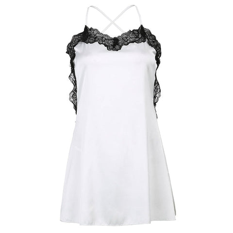 Sonicelife V Neck Lace Trim A-Line Satin White Dress Fashion Strap Mini Summer Dress Female  Backless Party  Dresses Vestido
