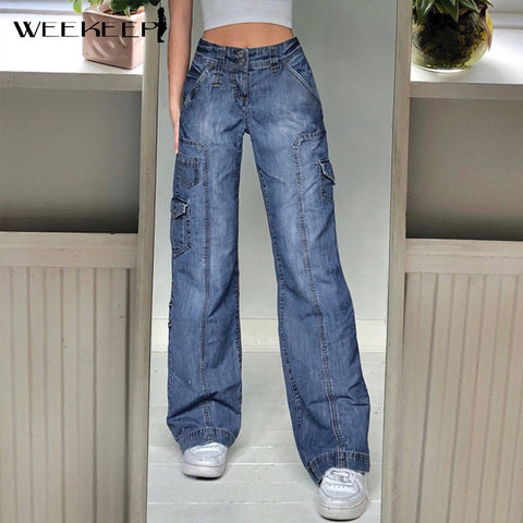 Weekeep Streetwear Women High Waist Y2k Jeans Wide Leg Pocket Patchwork Baggy Cargo Pants Oversize Casual Vintage Denim Trousers