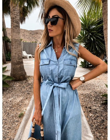 Back To School Outfit Sonicelife  Blue Sleeveless Denim Dresses For Women 2022 Ladies Midi Vestidos Casual  Sundress Indie Summer Belted Beach Robe Large XL