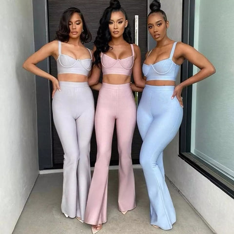 Sonicelife 2023 Summer New Women's Fashion  Bandage 2 Two-piece Set Sleeveless Tight Short Top &  High Waist Flared Trousers Pants Set