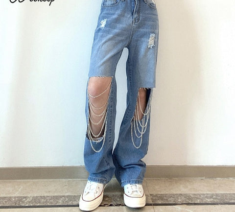 Sonicelife Vintage Cut Out Holes Chain Straight Jeans Women High Waist Loose Denim Long Pants Summer Casual Streetwear 90s Trousers