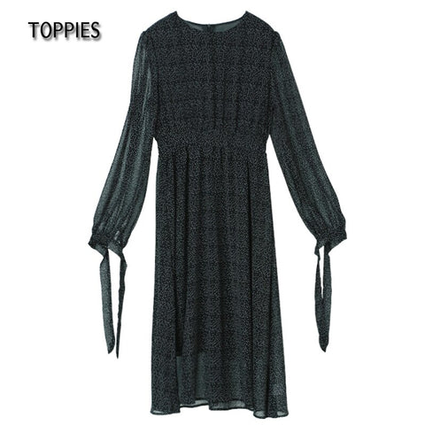 Sonicelife Toppies 2024 Fashion Women's Dress O Neck Casual Polka Dot Print Chiffon Elegant Dress Chic Long Sleeve Femme Dress