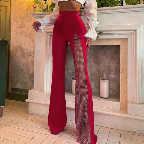 Sonicelife   Women Autumn Winter High Waist Mesh See Through Flare Long Pants Bottoms 2024