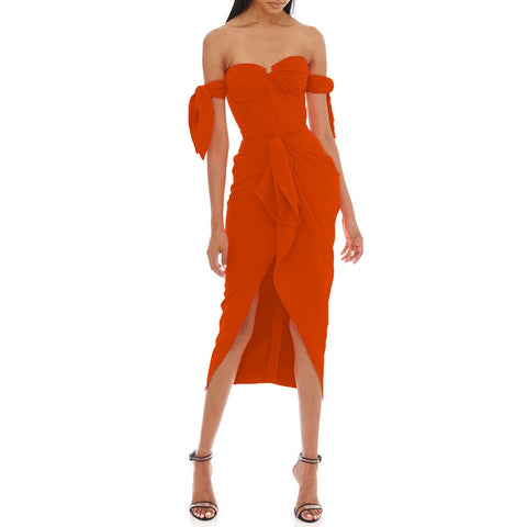 Sonicelife Ruffles Party Dress 2023 New Arrival High Quality Orange Bodycon Dress Women Summer Off Shoulder  Club Dress Evening Outfits
