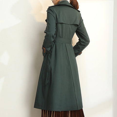 Dark Green Windbreaker Women's Long Spring and Autumn New British Style Temperament Drape High-end Coat Trench Coat for Women