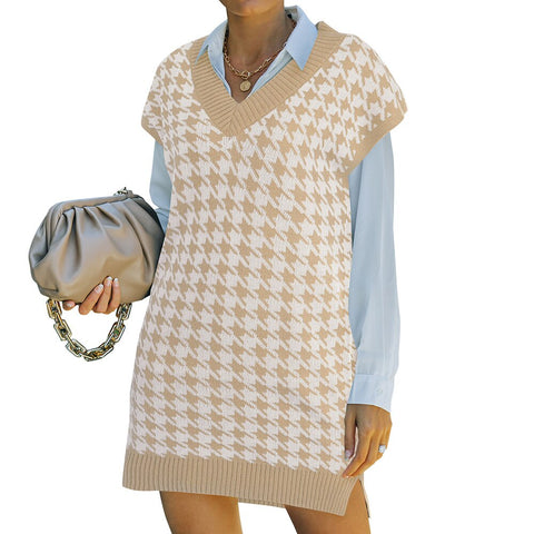 Sonicelife Women Houndstooth Sweater Vest Vintage V Neck Sleeveless Pullover Loose Chic Knitwear Plaid Spring Autumn Office Ladies Tank Top