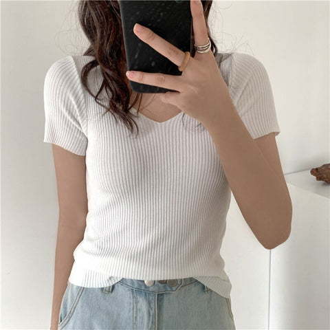 Sonicelife Christmas Gift AOSSVIAO 2024 Basic V-neck Solid Thin Summer Pullover Women Female Knitted Ribbed Sweater Slim Short Sleeve Bodycon Sweater