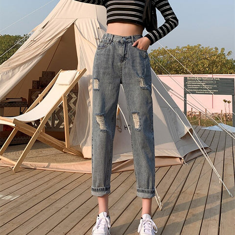 Sonicelife Woman Jeans Ripped High Waist Clothes Wide Leg Denim Clothing Streetwear Vintage Quality Fashion Harajuku Straight Pants