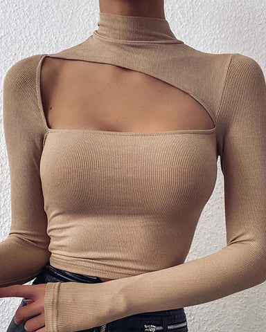 2023 Women Autumn Spring Long Sleeve  Hollow Out Mock Neck Chic Sweater Solid Cutout Ribbed Long Sleeve Top Trending OL