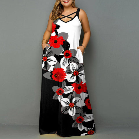 Plus Size L-5XL Floral Print Maxi Dresses Women  V Neck Dress Vacation Beach String Ladies Long Dress Female Vestidos D30
