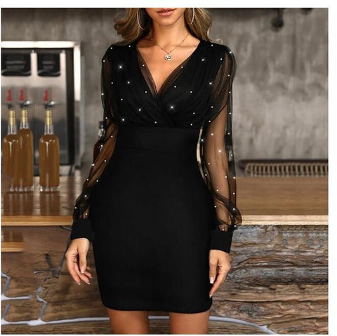 Back to school outfit Sonicelife  2023 Women Dress Autumn  Lace Mesh Patchwork Long Sleeve Party Dresses Female Elegant V-Neck Sequins Slim Bodycon Dress