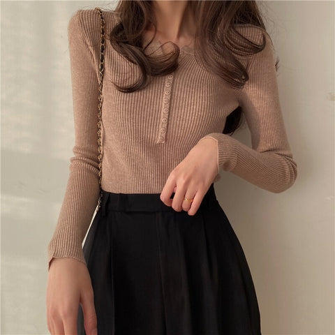 Sonicelife Christmas Gift 2024 Sweater Women Solid Color O-neck Pullovers Basic Primer Pull Femme Button Chic Jumper Soft Slim Autumn Knitted Sweaters