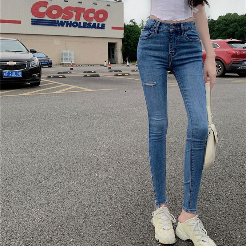 Sonicelife Woman Skinny Jeans Ripped High Waist Clothes Blue Denim Clothing Streetwear Vintage Quality 2024 Sretch Fashion Harajuku