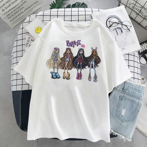 Sonicelife Summer New Bratz Letter Women T-Shirts Casual White Tops Fashion Harajuku Short Sleeve Print Y2k Graphic Streetwear T Shirt 0424