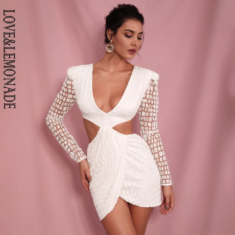 Sonicelife hoco dresses LOVE&LEMONADE  White Deep V-neck Open back Cross glitter glued Material Slim Fit Party Dress LM82065