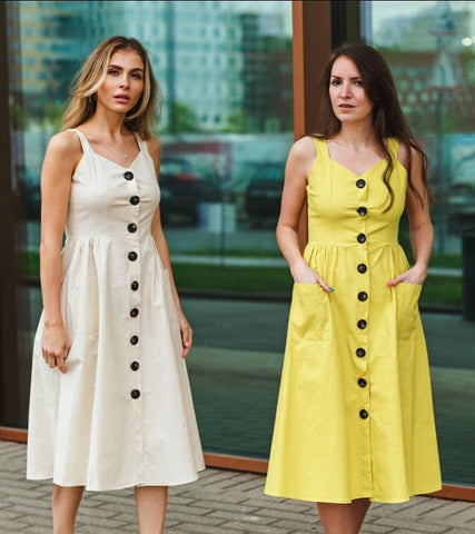 Summer 97%Cotton Camisole Dress Beach Midi Dresses with Pockets Front Button Sundress Stretch Bust
