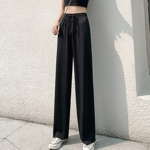 Sonicelife High Waist Soft Comfort Women Pants 2024 New Casual Summer Slacks Pants Women Ice Silk Full Length Long Trousers Female Slacks