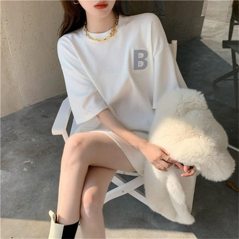 Korean Style Oversized Summer T Shirt For Women 2021 Casual Cotton U Letter Print Tops Streetwear Harajuku Short Sleeve Tshirt