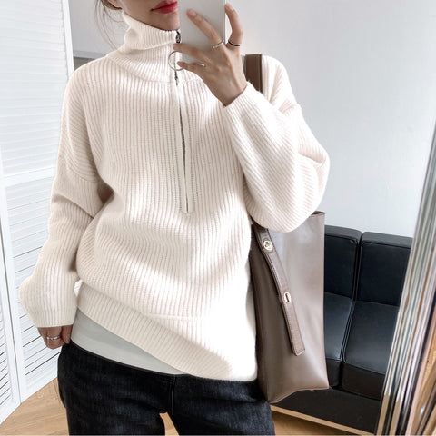 Sonicelife Winter Women's Turtleneck Sweater Pullover Women Zipper Turn Down Soft Beige Knitted Oversize Jumper Loose Vintage Warm Sweaters