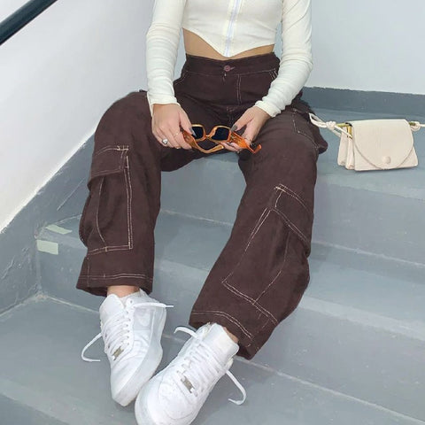 Sonicelife Weekeep Vintage Brown High Waist Cargo Pants Women Fashion Big Pockets Patchwork Baggy Denim Jeans Harajuku Trousers Streetwear