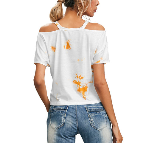 Sonicelife White Women Print Crop Top Summer Off Shoulder Short T-Shirt Spaghetti Strap Short Sleeve For Ladies Casual Female Clothes D30