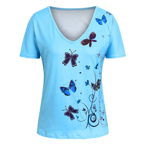 Sonicelife Women Short Sleeve V Neck Casual Tops Summer Fashion Butterfly Print Vintage Tops Pullover Female Elegant Streetwear T-Shirt D30