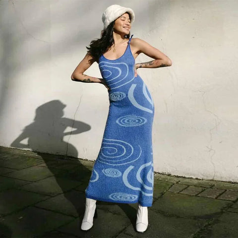 Sonicelife   Spaghetti Strap High Quality Sexy Back Hollow Knit Soft Fabric Summer Dress Women Vintage Sleeveless Holiday Midi Dress